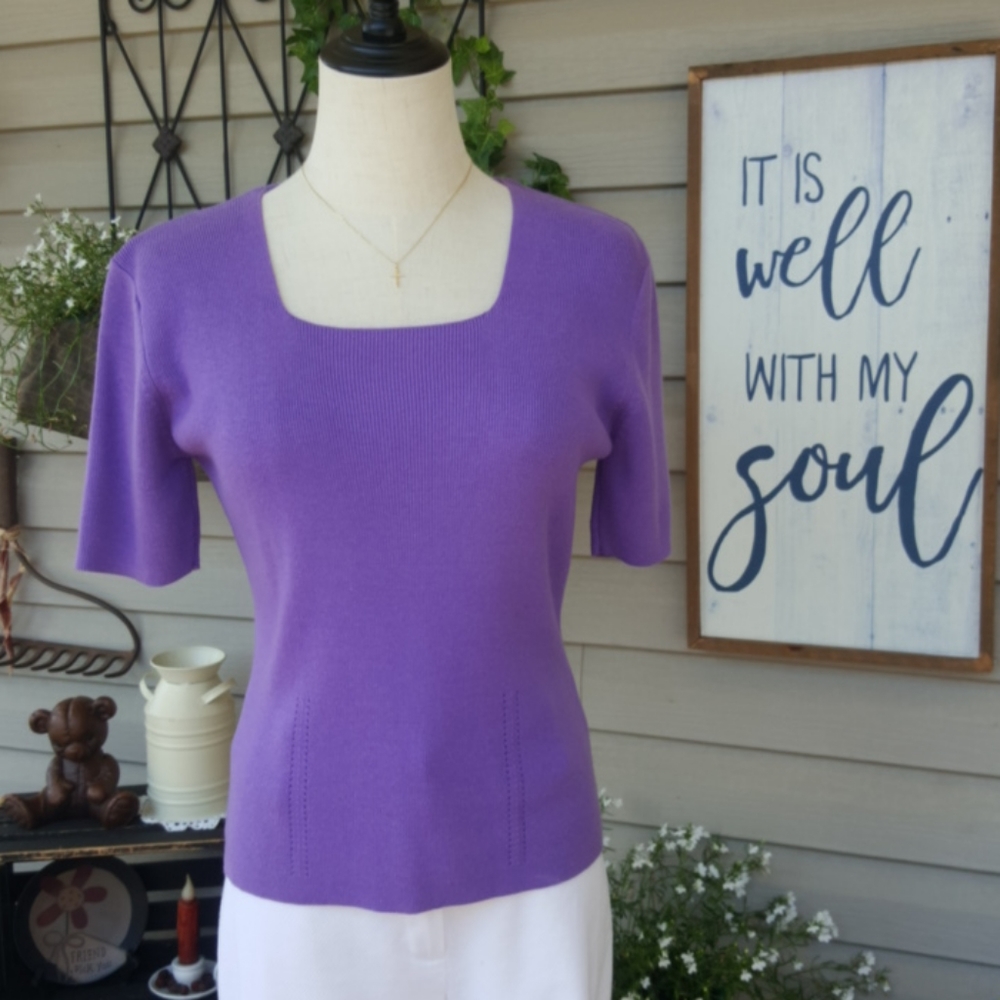 DRESSBARN ♡ Sweet Periwinkle Square Neckline Ribbed Short Sleeve Knit Sweater S